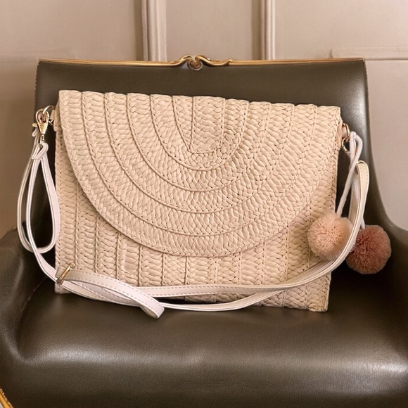 STRAW ADJUSTABLE CROSSBODY SHOULDER/CLUTCH  BAG - Beige - Picture 1 of 4